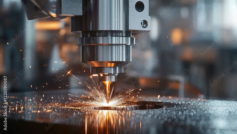 A close-up shot of an advanced machine in action, with visible sparks and light reflections on the metal surface as it screws out a small hole from its head A close-up shot of an advanced machine in action, with visible sparks and light reflections on the metal surface as it screws out a small hole from its head