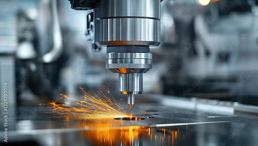 A close-up shot of an advanced machine in action, with visible sparks and light reflections on the metal surface as it screws out a small hole from its head A close-up shot of an advanced machine in action, with visible sparks and light reflections on the metal surface as it screws out a small hole from its head