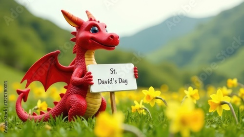 A charming red Welsh dragon holds a sign saying 