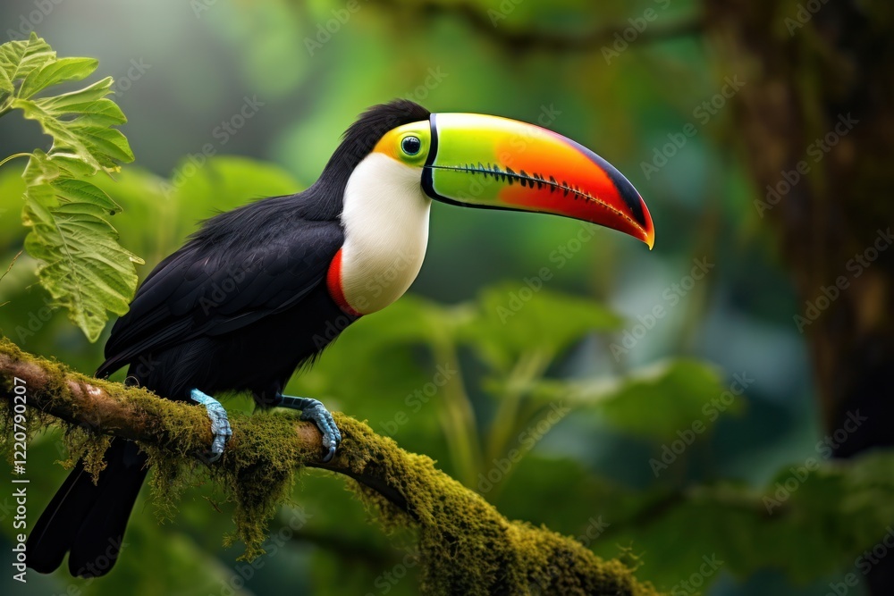 Close-up of a toucan with colorful beak surrounded by lush rainforest trees and vines isolated on white background Close-up of a toucan with colorful beak surrounded by lush rainforest trees and vines isolated on white background