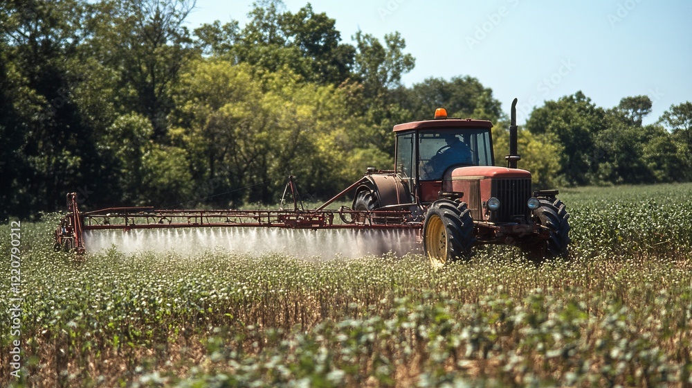 Fototapeta premium pesticides, sprayed, tractor, soybean, field, agriculture, farming, crops, farmland, machinery, spray, mist, rural, cultivation, agribusiness, harvest, food production, plant protection, farmland, eco