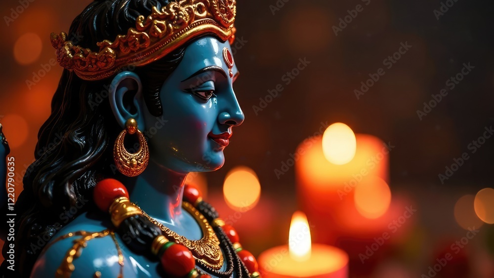 Obraz premium A serene statue of Lord Krishna, adorned with jewels, stands against a softly lit background. Krishna Janmashtami, Vishu Kani, Govardhan Puja. Birthday of Krishna. Concept of Vishnu