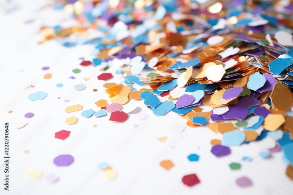 Close-up view of a pile of multi-colored confetti with shimmering pieces catching the light on a plain white background