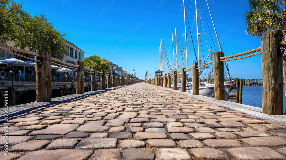 Fototapeta premium Scenic Old Town Pier with Elegant Sailboats and Vibrant Blue Sky