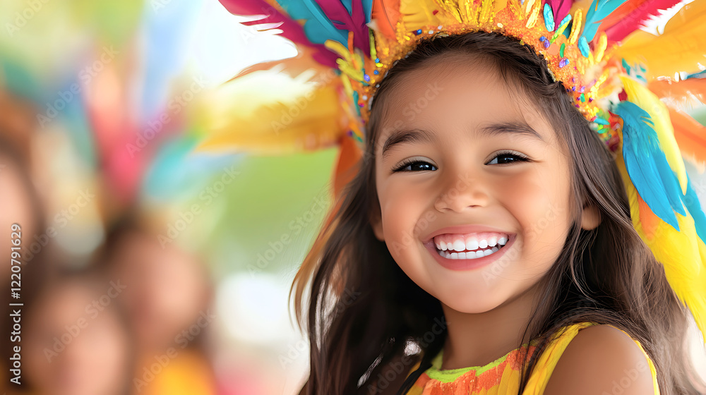 A cheerful child in a feathered costume enjoying a festive parade, showcasing cultural beauty and tradition, good for holiday greetings, multicultural campaigns, celebration visuals. Selective focus A cheerful child in a feathered costume enjoying a festive parade, showcasing cultural beauty and tradition, good for holiday greetings, multicultural campaigns, celebration visuals. Selective focus