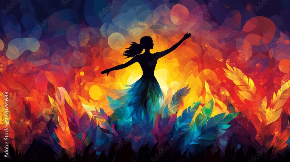 Silhouette dancer reaching upwards amidst vibrant feathers and bokeh lights colorful abstract surreal painting Silhouette dancer reaching upwards amidst vibrant feathers and bokeh lights colorful abstract surreal painting