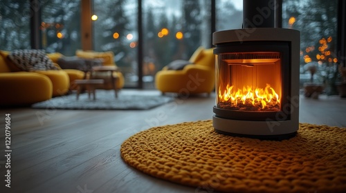 Cozy living room with fireplace. Warm interior design with a modern fireplace in the foreground, surrounded by comfortable yellow furniture in a home with a wintery view.
