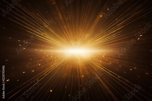 Glowing golden rays of light radiate outward in a symmetrical pattern, set against a stark black canvas, creating a striking visual effect