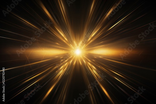 Glowing golden rays of light radiate outward in a symmetrical pattern, set against a stark black canvas, creating a striking visual effect