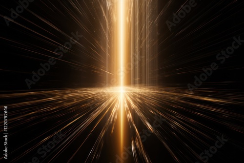Intense golden beams of light stream vertically down, creating a brilliant effect on a solid black surface