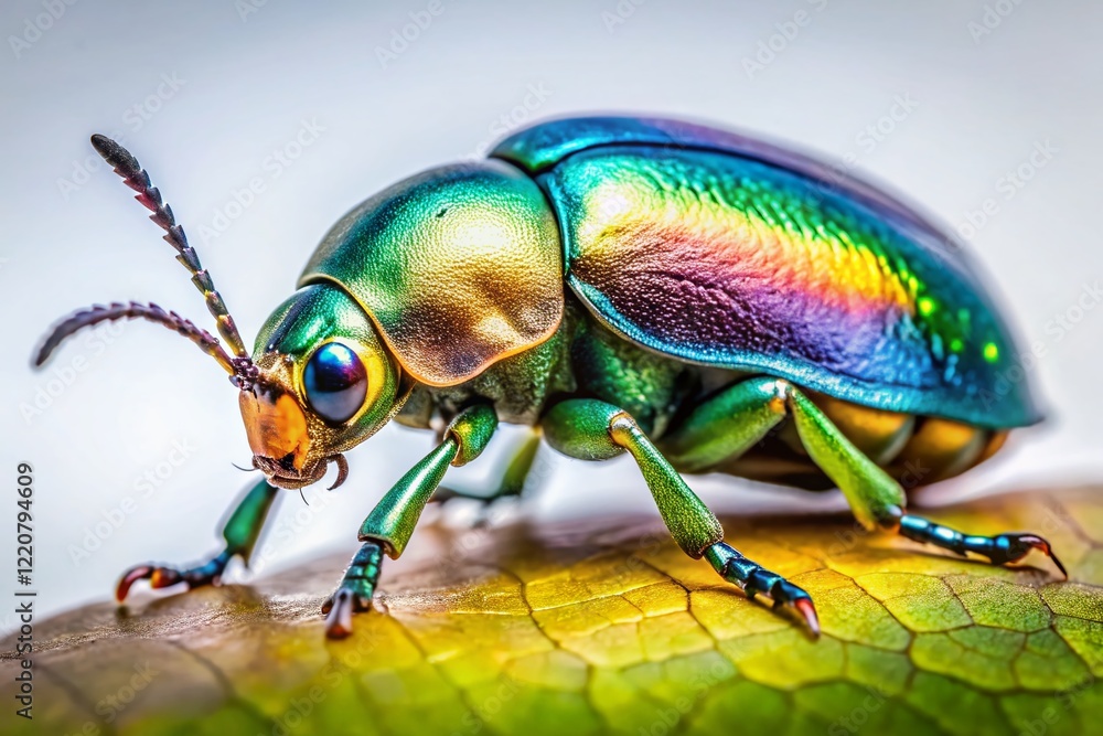 Low Light Macro Photography: Metallic Green Leaf Beetle on White Low Light Macro Photography: Metallic Green Leaf Beetle on White