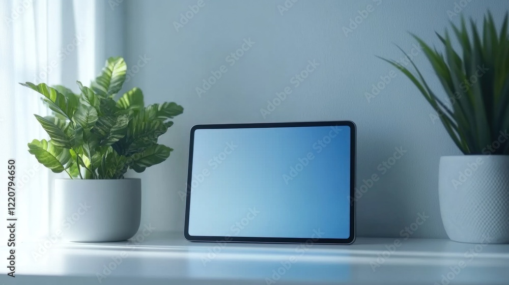 A Minimalist Workspace Setup with a Tablet and Potted Green Plants for Home Decor A Minimalist Workspace Setup with a Tablet and Potted Green Plants for Home Decor