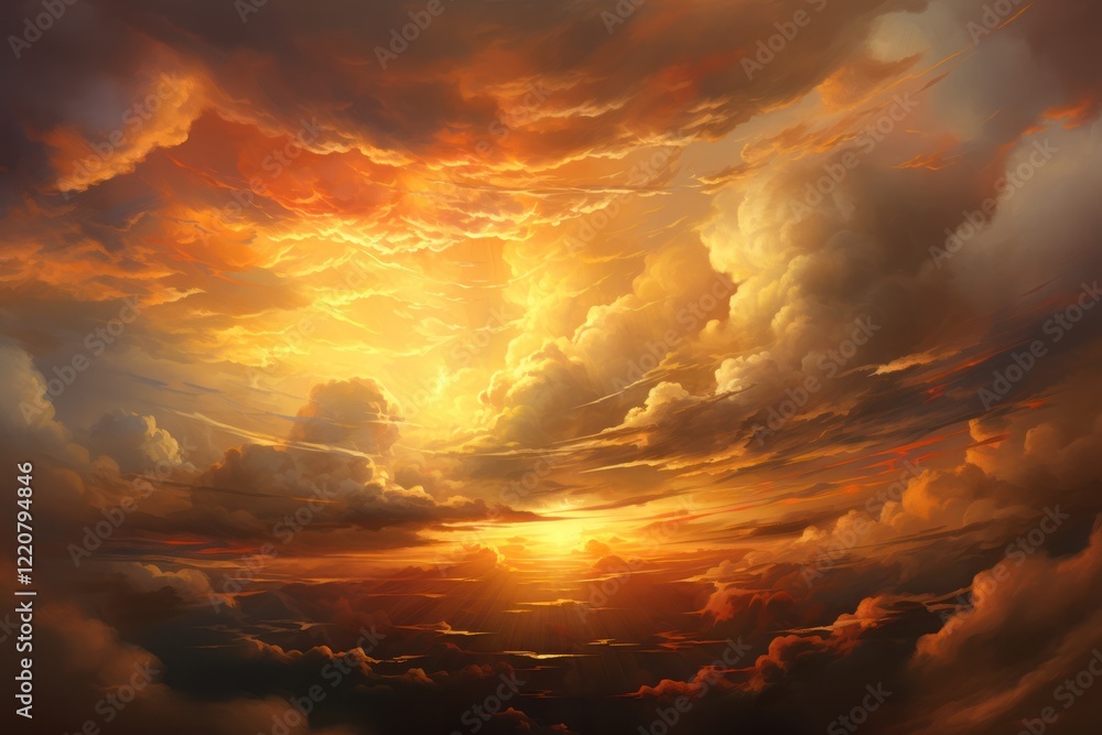 Fototapeta premium Warm, golden clouds with touches of red and orange, illuminated as if by a sunset