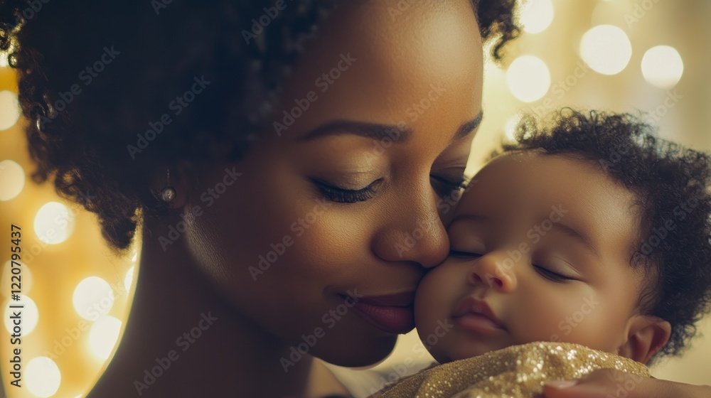 Naklejka premium Loving mother gently kissing her sleeping baby.