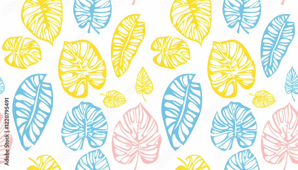 A colorful pattern of tropical leaves in pastel shades on a white background. A colorful pattern of tropical leaves in pastel shades on a white background.