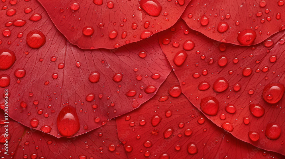 Fototapeta premium Close-Up of Red Rose Petals Kisses by Raindrops and Glimmering with Water Droplets