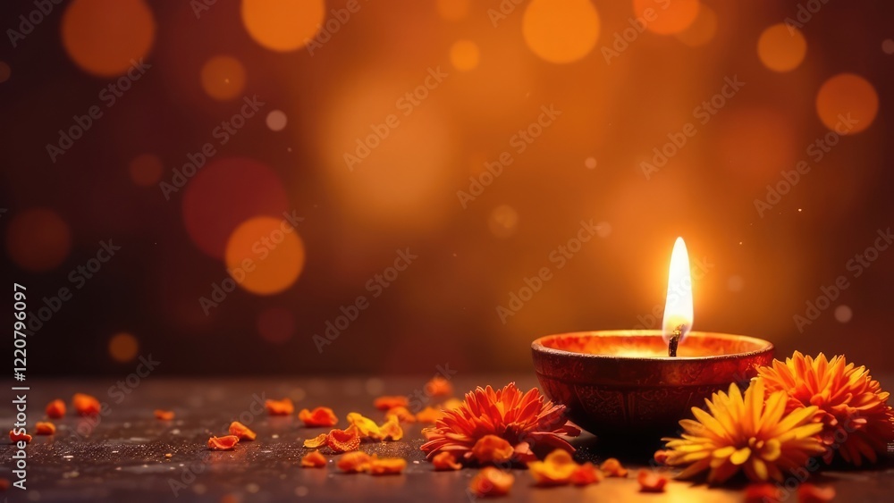 A lit diya lamp sits with orange marigolds and petals, set against a warm, blurred bokeh background. Festive Indian celebration. Hindu Puja. Festival Vishu celebration, Diwali A lit diya lamp sits with orange marigolds and petals, set against a warm, blurred bokeh background. Festive Indian celebration. Hindu Puja. Festival Vishu celebration, Diwali