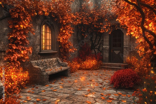 A rustic courtyard with a charming stone bench surrounded by glowing orange and red foliage photo