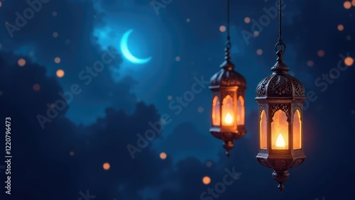 Hanging decorative arabic lanterns glow against a night sky with a crescent moon and bokeh. Ramadan night. Muslim holy month Ramadan Kareem concept. Eid al-Fitr photo