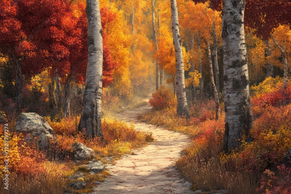 A rustic path winding through an enchanted forest of towering trees adorned in shades of orange, red, and yellow A rustic path winding through an enchanted forest of towering trees adorned in shades of orange, red, and yellow