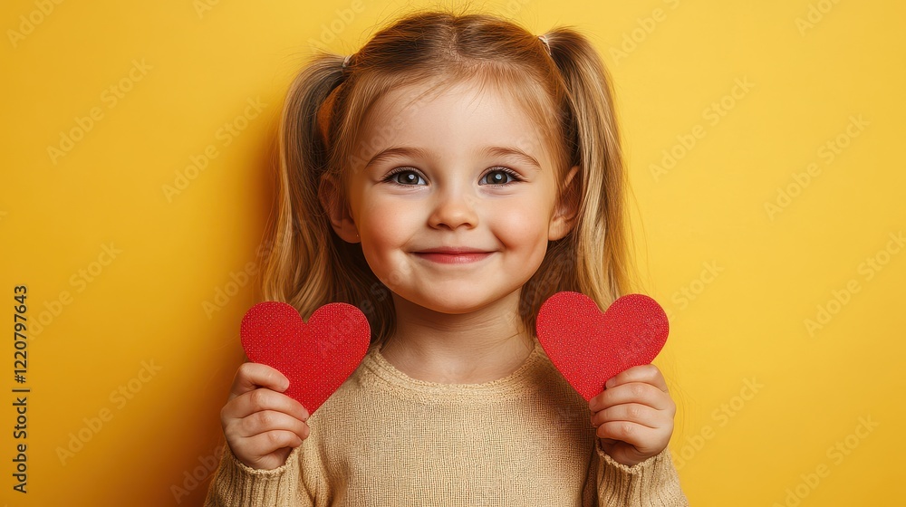 Smiling little girl holding two red hearts on yellow background for children's love concept Smiling little girl holding two red hearts on yellow background for children's love concept