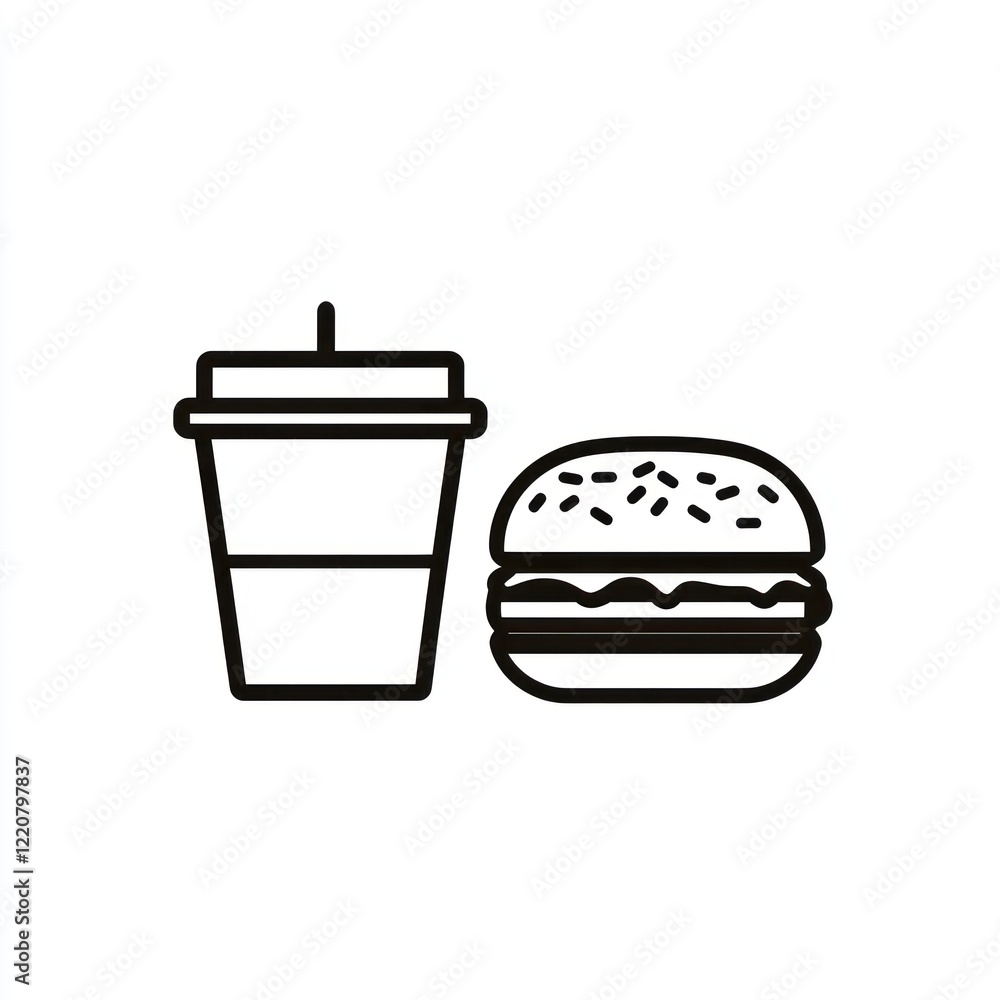 Burger and drink icon, simple outline, isolated, for menu, app or web design Burger and drink icon, simple outline, isolated, for menu, app or web design
