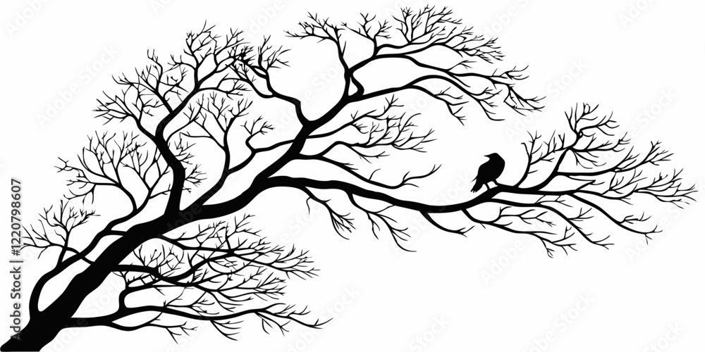 Obraz premium A monochromatic image depicts a bare-branched tree with a avian perched. Minimalist Silhouette of Bare Tree Branches - Elegant Black and White Design.