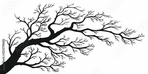 A monochromatic image depicts a bare-branched tree with a avian perched. Minimalist Silhouette of Bare Tree Branches - Elegant Black and White Design.