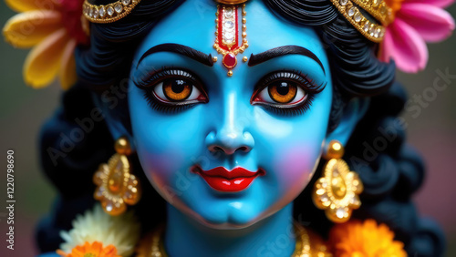 Wallpaper Mural A striking, close-up portrait of a blue-skinned Krishna idol, adorned with jewelry and flowers, emblematic of Hindu festivities. Krishna Janmashtami, Vishu Kani, Govardhan Puja. Birthday of Krishna. Torontodigital.ca