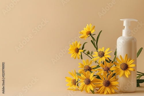 Over a pale beige setting, arnica flowers encircle a shampoo lotion bottle containing an oily, textured cream derived from an organic compound for skin lovely hue and space, Generative AI.