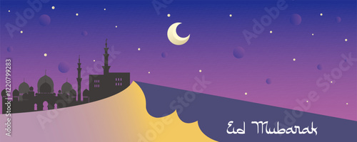 Eid Mubarak Islamic Banner with silhouette of city Abu Dhabi, mosque and sand desert. Card for Ramadan on dark background with moon and stars. Vector illustration