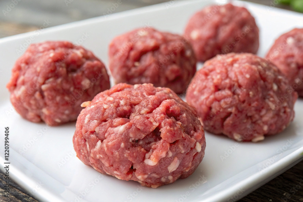 Ground pork, formed into balls on a white plate Ground pork, formed into balls on a white plate