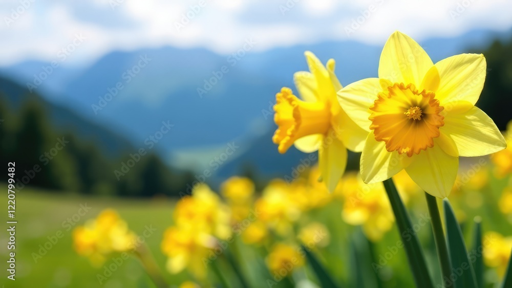 Obraz premium Bright yellow daffodils bloom in a field with mountains in the background. Concept of spring awakening. Saint David's Day