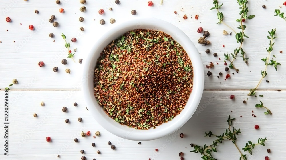 A top-down view of an empty white bowl filled with ground cumin, thyme, and pepper on a clean white wooden surface A top-down view of an empty white bowl filled with ground cumin, thyme, and pepper on a clean white wooden surface