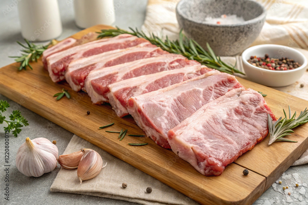 Sliced pork on a wooden cutting board in the kitchen Sliced pork on a wooden cutting board in the kitchen