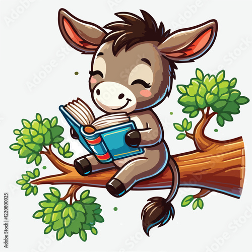 Cute Donkey Reading Book On Branch Tree Cartoon Vector Icon Illustration