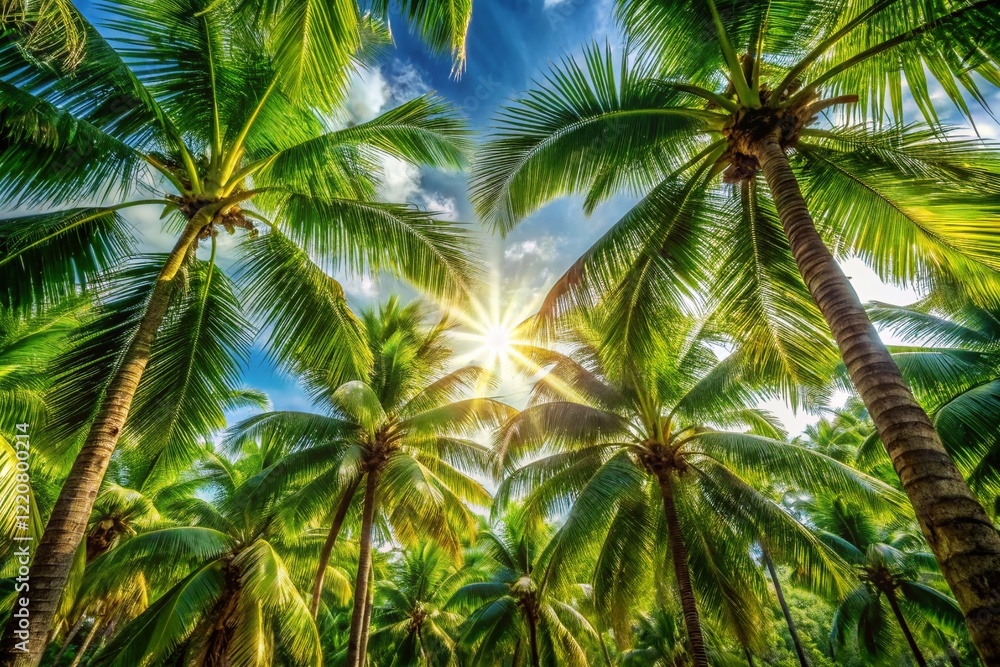 Fototapeta premium Lush Green Palm Trees in Bright Sunlight - Tropical Paradise Stock Photo