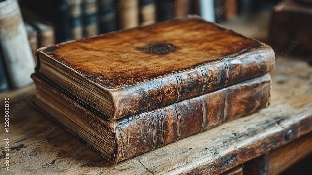 Obraz premium Two antique leather-bound books stacked on a wooden table. Aged, worn leather covers with visible texture. Books appear old and valuable. Background shows bookshelves filled with more aged books.