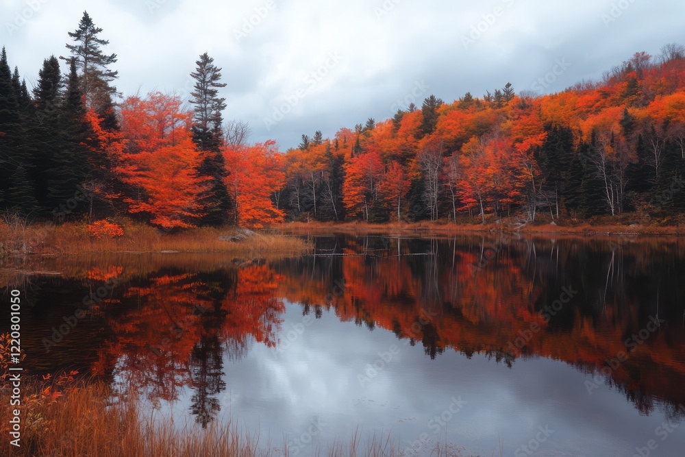 A serene autumn lake reflecting fiery red and orange trees A serene autumn lake reflecting fiery red and orange trees