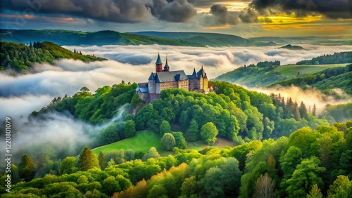 Lush Green Warche Valley, Reinhardstein Castle, Cloudy Day, Waimes, Belgium photo