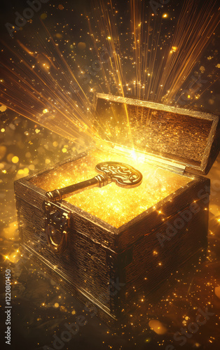 Unlocked Potential:  A vintage chest aglow, radiating light that unveils the precious key to unlocking the treasures within, capturing the essence of secrets and possibilities. 