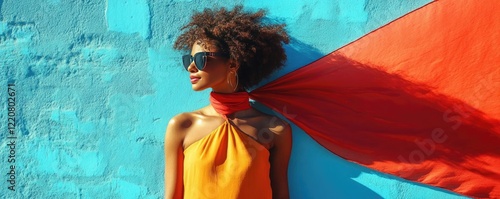 A person styling a bold scarf as a top, transforming accessories into fashion photo
