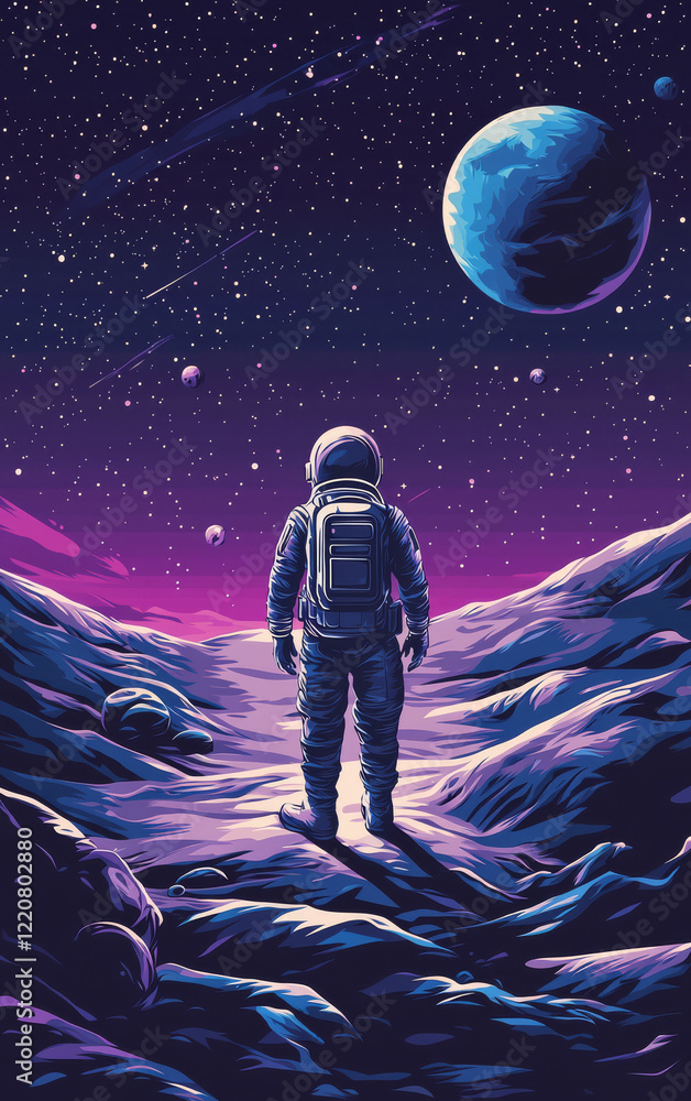 Obraz premium Astronaut's Cosmic Exploration: A solitary astronaut stands on an alien planet, gazing at a breathtaking celestial scene with vibrant nebulae and planets.