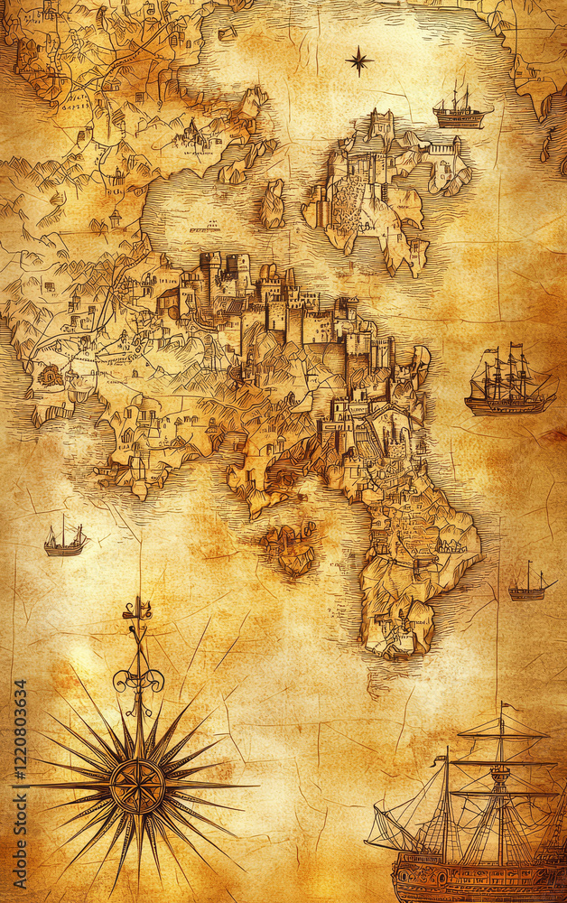 Ancient Cartography: An aged, detailed map evokes a sense of exploration, charting unseen lands and waters, filled with vintage ships, offering a glimpse into a bygone era of discovery Ancient Cartography: An aged, detailed map evokes a sense of exploration, charting unseen lands and waters, filled with vintage ships, offering a glimpse into a bygone era of discovery