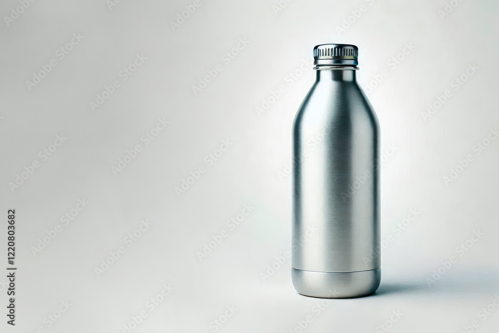 Metal bottle on a light background. Space for text. Metal bottle on a light background. Space for text.