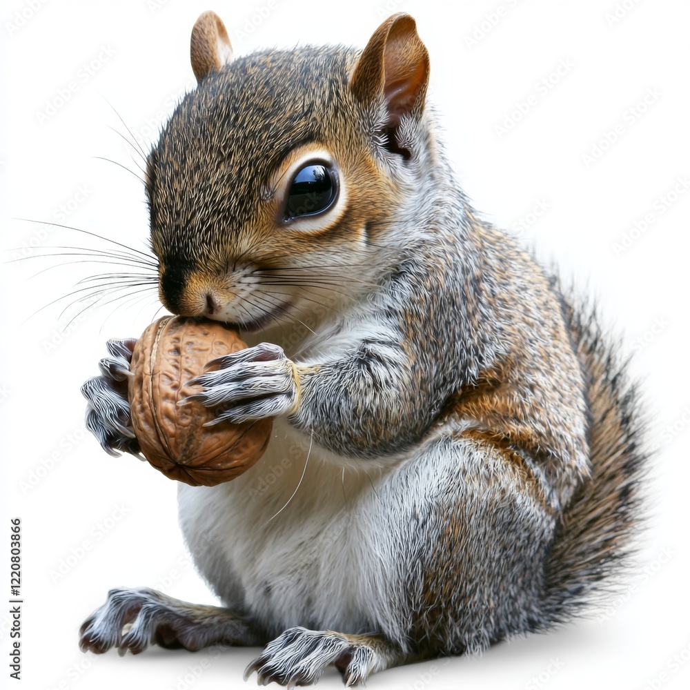 Obraz premium Cute squirrel holding a walnut with expressive eyes in a playful and endearing pose against a bright background