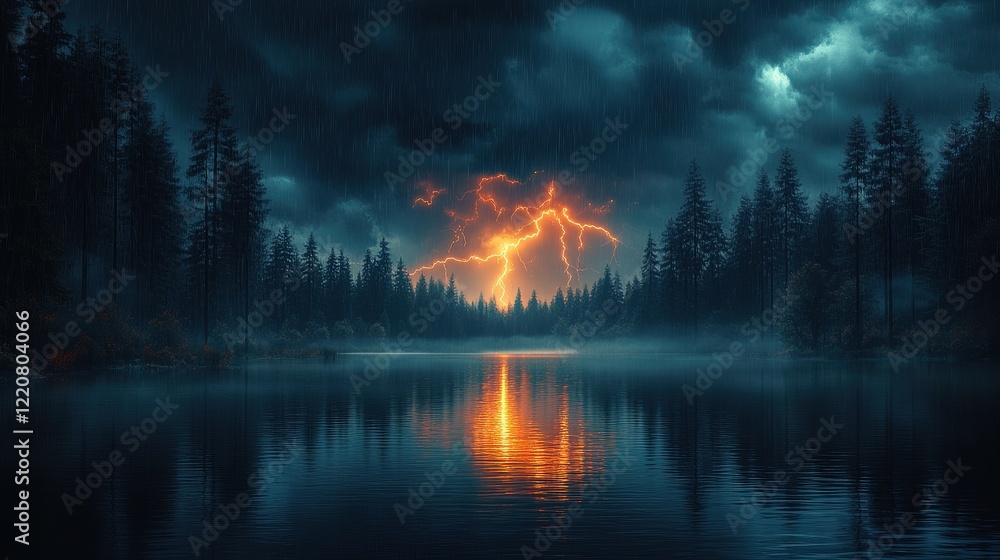 Stormy Night with Dramatic Lightning Reflection on Calm Water Surrounded by Pine Trees Under Dark Clouds and Misty Atmosphere