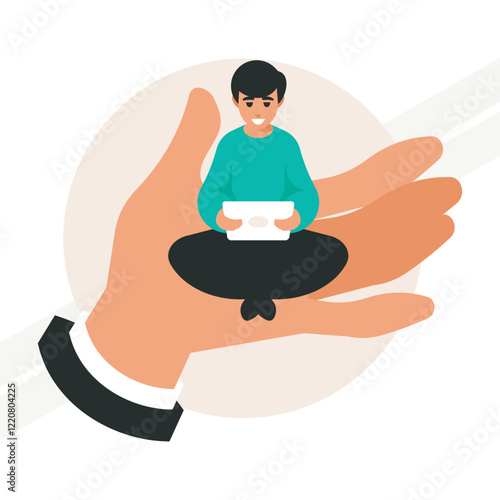 Man using a touchpad sitting on a huge hand