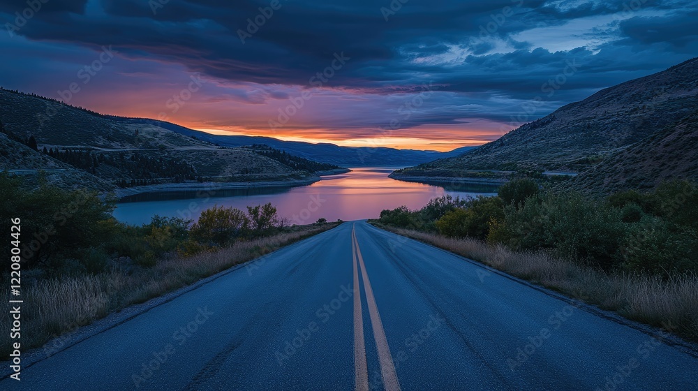 Fototapeta premium The empty road leading to the lake by sunset