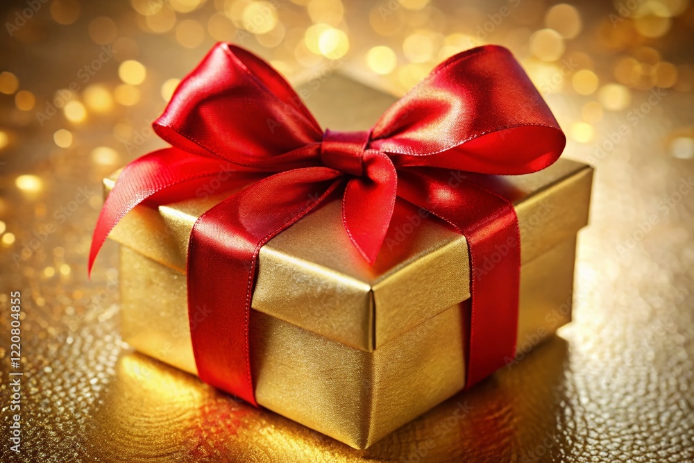 Luxurious Gold Gift Box with Red Ribbon Bow - Die-Cut Detail Luxurious Gold Gift Box with Red Ribbon Bow - Die-Cut Detail